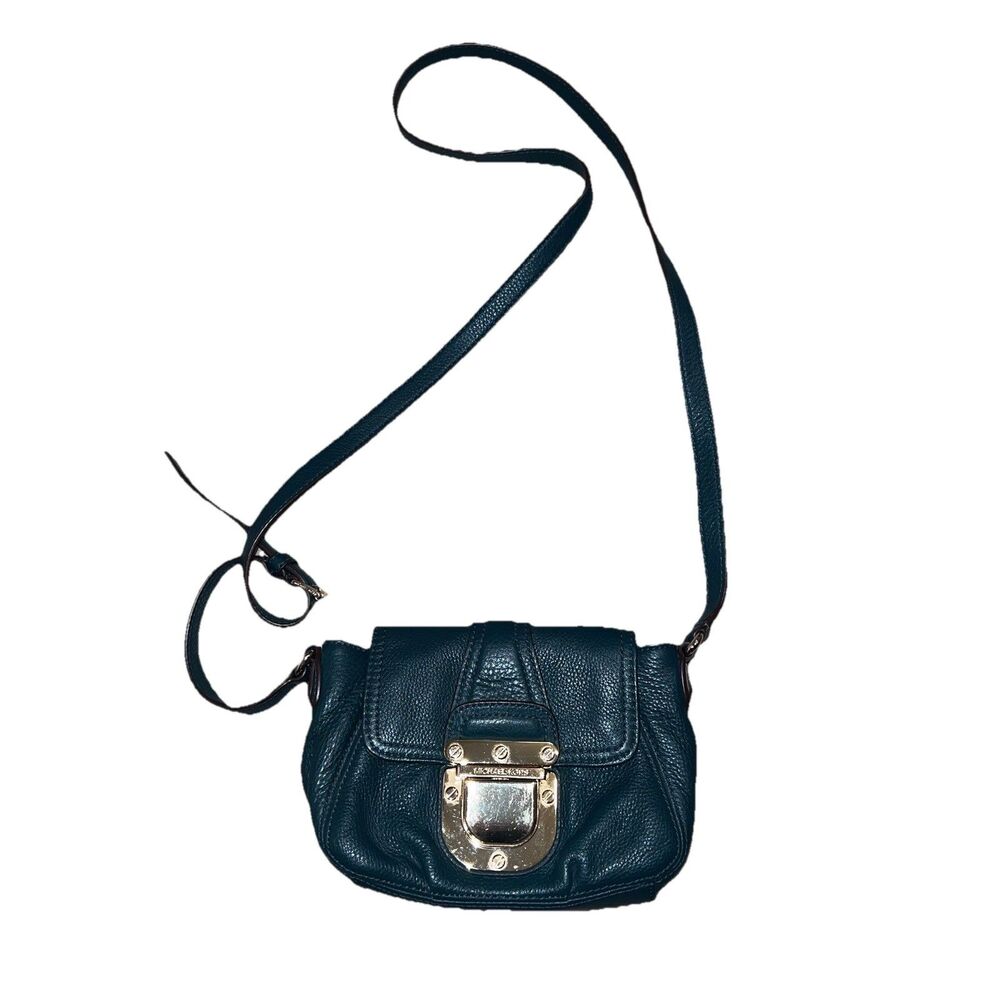 Michael Kors Dark Green Pebbled Leather Pushlock Flap Closure Mini Crossbody Bag